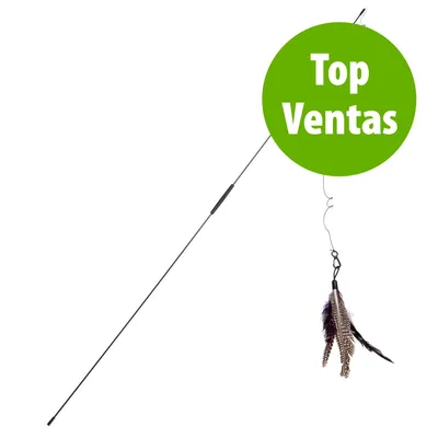 Juguete tipo varita con plumas colgantes. Círculo verde con texto: Top Ventas.
