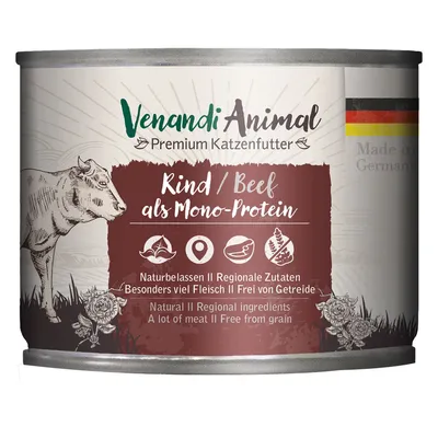 Venandi Animal Premium Katzenfutter, Kind/Beef als Mono-Protein. Natural, regional ingredients, a lot of meat, free from grain. Made in Germany. Texte en allemand et anglais.