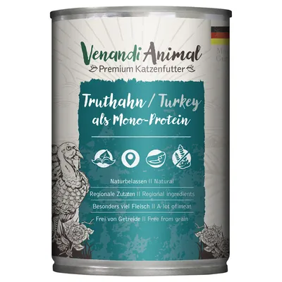 Venandi Animal Premium comida para gatos com peru como mono-proteína. Natural, ingredientes regionais, alto teor de carne, sem cereais.