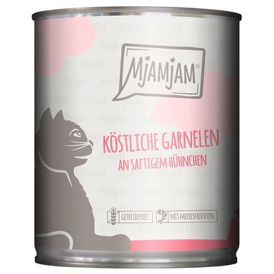 Mjamjam kattenvoer, tekst op blik: Köstliche Garnelen an saftigem Hühnchen, getreidefrei, mit Meeresfrüchten. Tekst in het Duits.