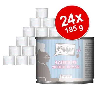 MjAMjAM τροφή για γάτες, ζεματιστή γαλοπούλα με άφθονο σολομό σε σάλτσα, χωρίς δημητριακά. Συσκευασία: 24 κονσέρβες των 185 g.