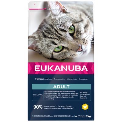 EUKANUBA Adult kattenvoer, 2 kg. 90% dierlijk eiwit, zonder tarwe. Voor katten van 1–7 jaar. Volledige en uitgebalanceerde voeding volgens verpakkingstekst.