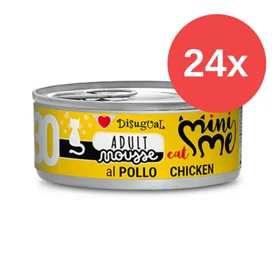 Disugual Mini Me Adult Mousse Cat z kurczakiem, żółta puszka z czerwonym okręgiem „24x”. Disugual Mini Me Adult Mousse Cat z kurczakiem, żółta puszka z czerwonym okręgiem „24x”.