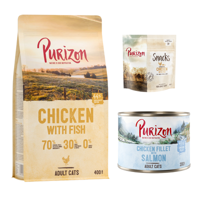 Purizon Chicken with Fish für ausgewachsene Katzen, 70% Fleisch und Fisch, 30% Obst und Gemüse, 0% Getreide, 44% Protein, 45% Hühnerfilet, Mixpackung mit Rabattzeichen.