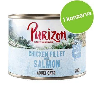 Purizon Chicken Fillet with Salmon, 45 % chicken fillet, pro dospělé kočky, 200 g. Zelený kruh s textem: 1 konzerva.