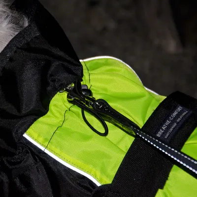Nærbillede af en grøn hundejakke med sort lynlås og reflekterende striber. Etikettekst: 'Breathe Comfort, vandafvisende, åndbar'.