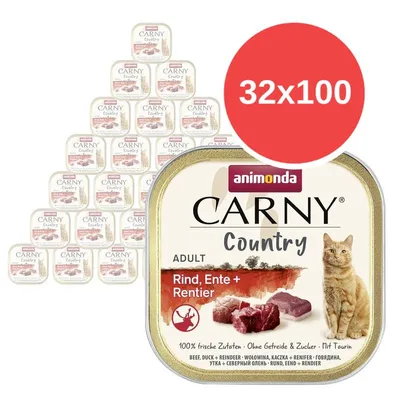 Animonda Carny Country Adult Rind, Ente + Rentier, 32×100 g. Na obalu obrázek kočky a masa, text: 100% frische Zutaten, Ohne Getreide & Zucker, Mit Taurin.