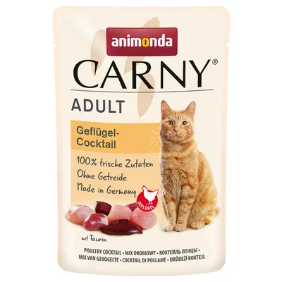 Animonda Carny Adult Gevogelte-cocktail, 100% verse ingrediënten, zonder granen, Made in Germany, met taurine. Afbeelding van een kat en stukjes gevogelte.