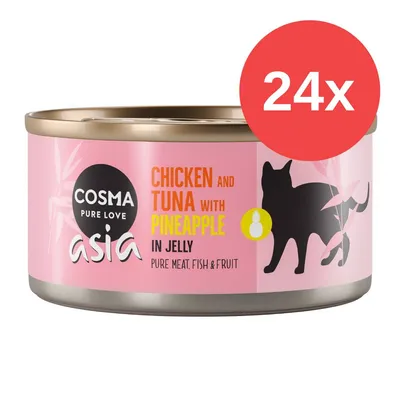 Cosma Asia Pure Love. Chicken and Tuna with Pineapple in Jelly. 24x Dose, reines Fleisch, Fisch und Frucht.