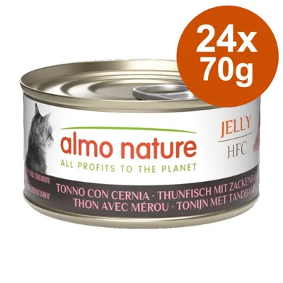 Almo Nature Jelly HFC tonhal és sügér, 24x70g. Konzervdoboz macskamintával és 'All profits to the planet' felirattal.
