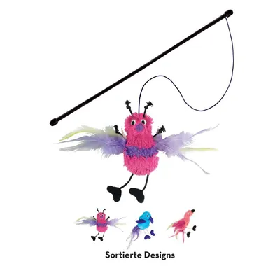 Spielangel mit pinkem Plüschinsekt und Federn, sortierte Designs in verschiedenen Farben und Formen.