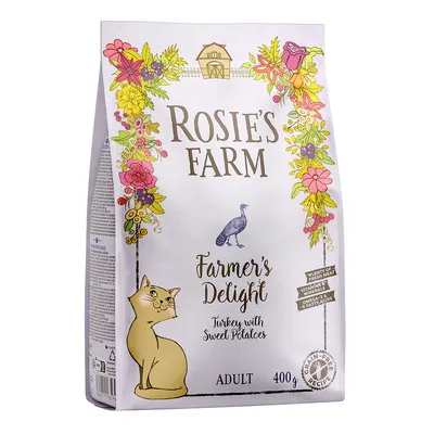 Rosie's Farm Farmer's Delight Adult Katzenfutter, Truthahn mit Süsskartoffeln, 400g. Getreidefreie Rezeptur, reich an frischem Fleisch, Vitaminen, Mineralien und Omega-3-Fettsäuren.