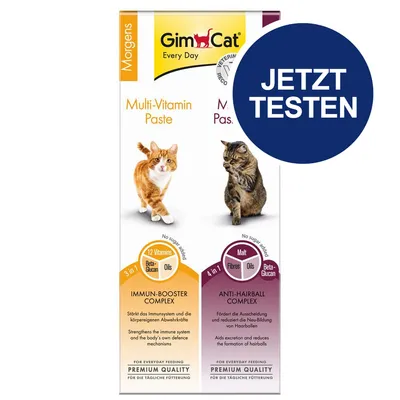 GimCat Multi-Vitamin Paste mit Immun-Booster Complex und Anti-Hairball Complex. Enthält 12 Vitamine, Beta-Glucan, Öle, Malz und Ballaststoffe. Jetzt testen.