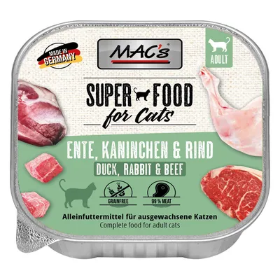 MAC's Super Food for Cats, anka, kanin och nötkött. Tillverkat i Tyskland, vuxen, spannmålsfritt, 99 % kött. Helfoder för vuxna katter.