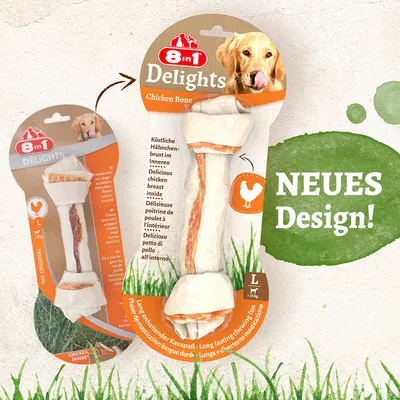8in1 Delights Chicken Bone, smakelijke kipfilet binnenin, langdurig kauwplezier. Nieuw design. Maat L voor honden van 20-25 kg.