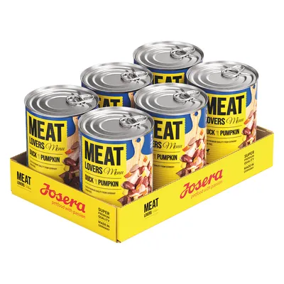Josera Meat Lovers Menu, утка и тыква. Супер премиум качество, произведено в Германии. Шесть банок в жёлтой упаковке.