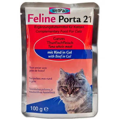 Feline Porta 21 WetPack, Ergänzungsfuttermittel für Katzen. Ganzes Thunfischfleisch mit oksekød i gelé. 100 g. Billede af kat på emballagen. Tekst på flere sprog inkl. engelsk og tysk.