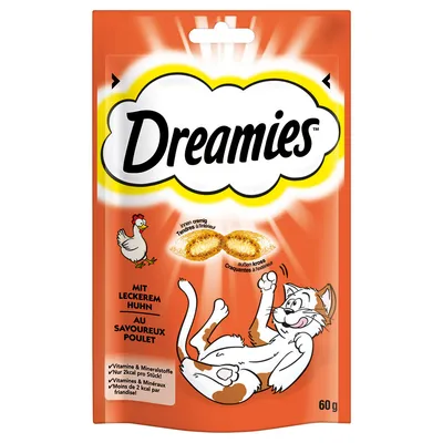 Dreamies, przysmak dla kotów z kurczakiem, 60 g. Tekst: witaminy i minerały, mniej niż 2 kcal na sztukę. Opakowanie pokazuje przekrój smakołyka oraz rysunek kota. Dreamies, przysmak dla kotów z kurczakiem, 60 g. Tekst: witaminy i minerały, mniej niż 2 kcal na sztukę. Opakowanie pokazuje przekrój smakołyka oraz rysunek kota.