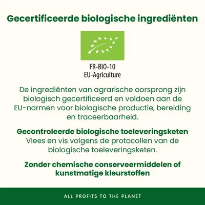 EU-bio-logo FR-BIO-10. Ingrediënten uit gecontroleerde biologische landbouw, zonder chemische conserveermiddelen of kunstmatige kleurstoffen, traceerbaarheid gegarandeerd.