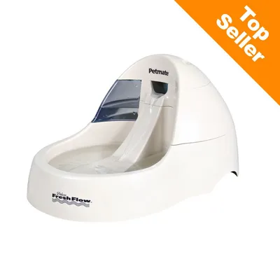 Petmate Deluxe Fresh Flow -juoma-automaatti, valkoinen. Kuvassa oranssi kulma, jossa teksti Top Seller.