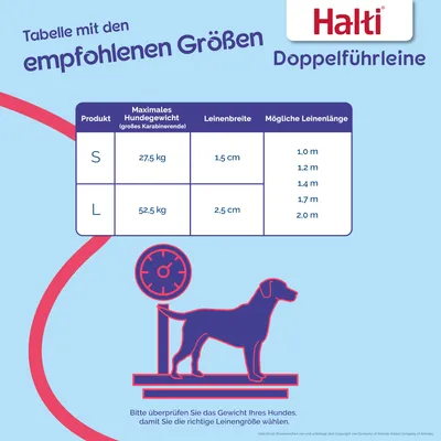Storlekstabell för Halti Doppelführleine: S upp till 27,5 kg, bredd 1,5 cm, längd 1–2 m. L upp till 52,5 kg, bredd 2,5 cm, längd 1–2 m. Kontrollera hundens vikt för rätt val.