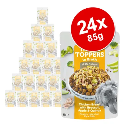 TASTE TOPPERS in Broth 100% Natural, Chicken Breast with Broccoli, Apple & Quinoa, 24 x 85 g annospussia koirille. Pakkauksessa näkyy ruoka ja koira. TASTE TOPPERS in Broth 100% Natural, Chicken Breast with Broccoli, Apple & Quinoa, 24 x 85 g annospussia koirille. Pakkauksessa näkyy ruoka ja koira.