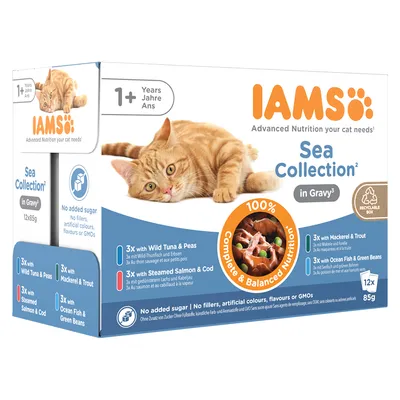 IAMS Sea Collection în sos, 12x85g. Pentru pisici de la 1 an. Sortimente: ton & mazăre, macrou & păstrăv, somon & cod, pește de mare & fasole verde. Fără zahăr, aditivi artificiali.