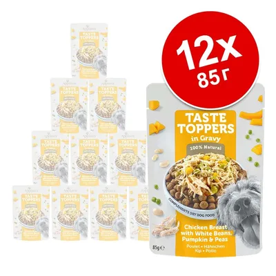 Applaws Taste Toppers in Gravy, 12×85 г. Пилешко филе с бял фасул, тиква и грах. 100% натурално. Изображение на опаковките и купа с храна за кучета.