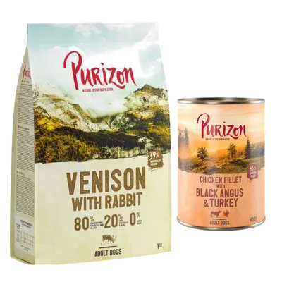 Lot mixte : croquettes Purizon 400g / 1kg + boîte  - 1 kg Adult gibier, lapin + boîte Black Angus