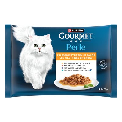 Purina Gourmet Perle Erlesene Streifen in Sauce, 4 x 85 g. Saveurs visibles : dinde, agneau, canard, thon. Texte en allemand sur l’emballage.