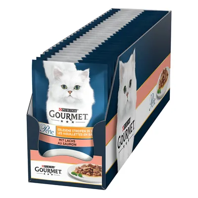 Boîte de sachets Purina Gourmet Perle, aiguillettes en sauce au saumon, image d’un chat blanc et d’une assiette de nourriture pour chat visibles sur l’emballage.