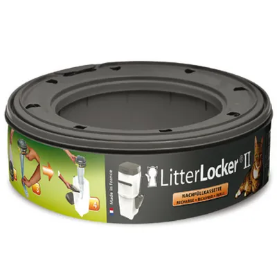 LitterLocker II Nachfüllkassette, Made in France. Anleitung zeigt Schritt-für-Schritt Nutzung mit Katzenstreu-Entsorgungssystem.