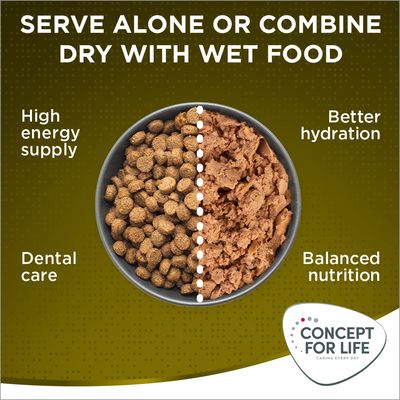 Testo in inglese: Serve alone or combine dry with wet food. High energy supply, dental care, better hydration, balanced nutrition. Concept for Life Caring Every Day.