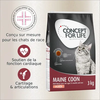 Concept for Life Maine Coon saumon 3 kg, conçu pour chats de race, soutien de la fonction cardiaque, cartilage & articulations, développé avec vétérinaires et experts en nutrition.