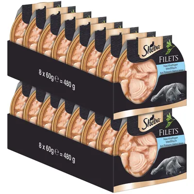 Sheba Filets, udržitelná bílá ryba, 8 x 60 g = 480 g. Balení s motivem kočky.
