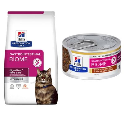 Hill's Prescription Diet Gastrointestinal Biome til katte, digestive/fibre care, anbefalet af dyrlæger, med ActivBiome+ teknologi.
