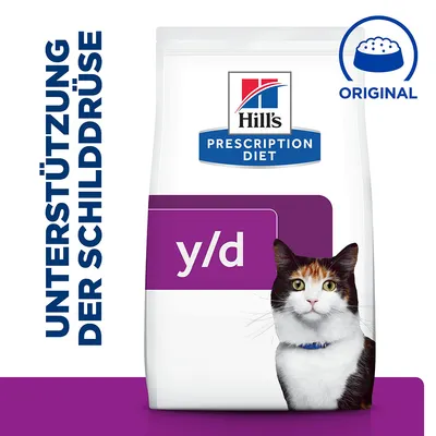 Hill's Prescription Diet y/d, image d'un chat, texte allemand «UNTERSTÜTZUNG DER SCHILDDRÜSE», mention «ORIGINAL» avec icône de gamelle.