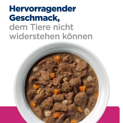 Hervorragender Geschmack, dem Tiere nicht widerstehen können (texte en allemand) au-dessus d'une gamelle de pâtée avec morceaux de viande et légumes visibles.