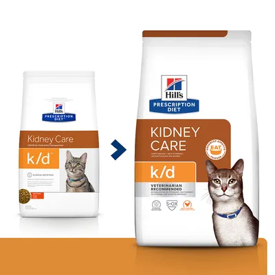 Hill's Prescription Diet Kidney Care k/d kissanruokapakkausten uudistus, näkyvissä vanha ja uusi pakkaus, molemmissa oranssi etiketti ja kissan kuva.