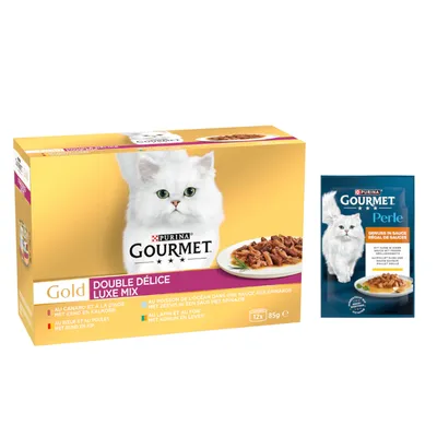 26x85 g gratis! 96x85 g Pachet Jumbo Gourmet Gold + gratis 26x85 g Gourmet Perle hrană umedă pisici - 96x85 g Duo Delice Luxus Mix: vită și pui, rață și curcan, iepure și ficat, pește de mare în sos cu spanac+26x85 g Perle Savoare în sos Pui 26x85 g gratis! 96x85 g Pachet Jumbo Gourmet Gold + gratis 26x85 g Gourmet Perle hrană umedă pisici - 96x85 g Duo Delice Luxus Mix: vită și pui, rață și curcan, iepure și ficat, pește de mare în sos cu spanac+26x85 g Perle Savoare în sos Pui