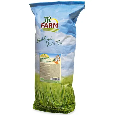 JR Farm Super-Nager-Futter, tuoreena eläimelle, 1,5 kg. Pakkaus, jossa vihreä niitty ja sininen taivas.