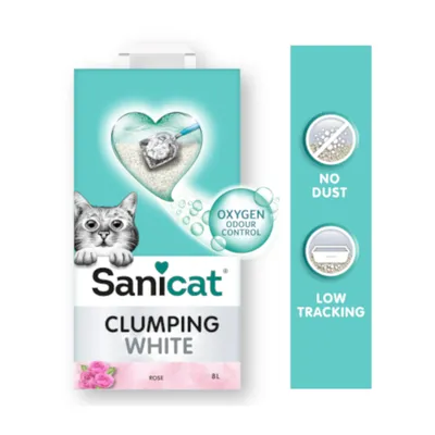 Sanicat Clumping White kattsand, 8 L, Rose. Synlig text: OXYGEN ODOUR CONTROL, NO DUST, LOW TRACKING. Bild på katt och skopa med sand.