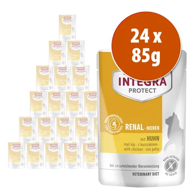 24 saquetas de 85 g de Animonda Integra Protect Renal com frango, dieta veterinária para gatos, sem cereais. Texto visível: 'phosphorreduziert', 'ohne getreide', 'veterinary diet'.