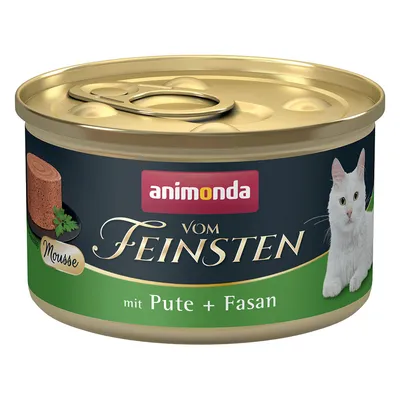 Animonda Vom Feinsten Mousse s moriakom a bažantom, mokré krmivo pre mačky v zlatej dóze.