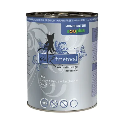 Catz Finefood konzerva, puran. Monoprotein, visokokakovostno, brez žit, brez testiranja na živalih, brez dodanega sladkorja, 98 % mesa. Vidni logotip Zooplus.