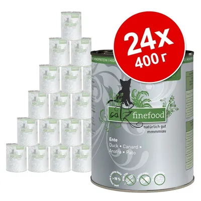 24 консерви по 400 г catz finefood Ente. Видими са етикетите с текст: Duck, Canard, Anatra, Pato и зелени символи за съставки и препоръки. 24 консерви по 400 г catz finefood Ente. Видими са етикетите с текст: Duck, Canard, Anatra, Pato и зелени символи за съставки и препоръки.