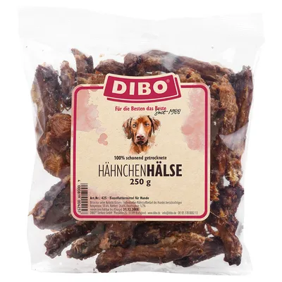 DIBO kuřecí krky, 250 g, 100% šetrně sušené. Jednozložkové krmivo pro psy. Od roku 1988. Číslo artiklu 425. Výrobce: DIBO Tierkost GmbH.