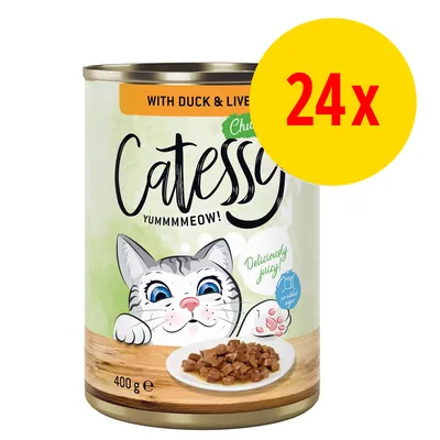 Catessy Chunks with Duck & Liver, 400 g burk, illustration av katt och tallrik med bitar. Stor gul cirkel med röd text: 24x. Text: Deliciously juicy!, no added sugar.