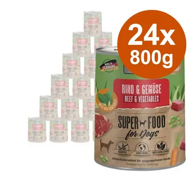 24 lattine da 800 g di cibo per cani Super Food for Dogs, gusto manzo e verdure, testo visibile: Rind & Gemüse Beef & Vegetables, Made in Germany, con il 70% di verdure.