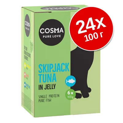 Упаковка Cosma Pure Love Skipjack Tuna in Jelly, 24×100 г. Видны надписи: single protein pure fish, 6×100 г. Красный круг с текстом: 24×100 г.